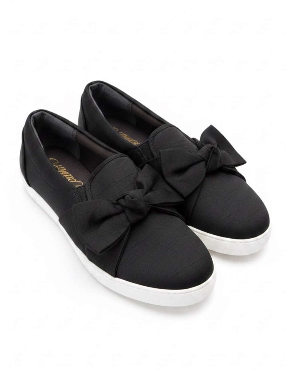 Lilly Edelman Slip On Sneakers Casual Flats Travel Shoes Black Satin Bow 7.5